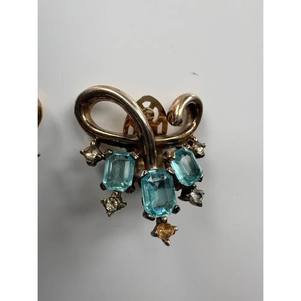 VTG Crown TRIFARI Earrings Clip-on Gold Tone Ribbon Blue Aquamarine Phillipe